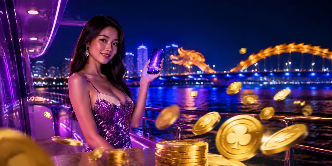 Người dùng tại Đà Nẵng chơi casino trên di động với ánh đèn neon về đêm